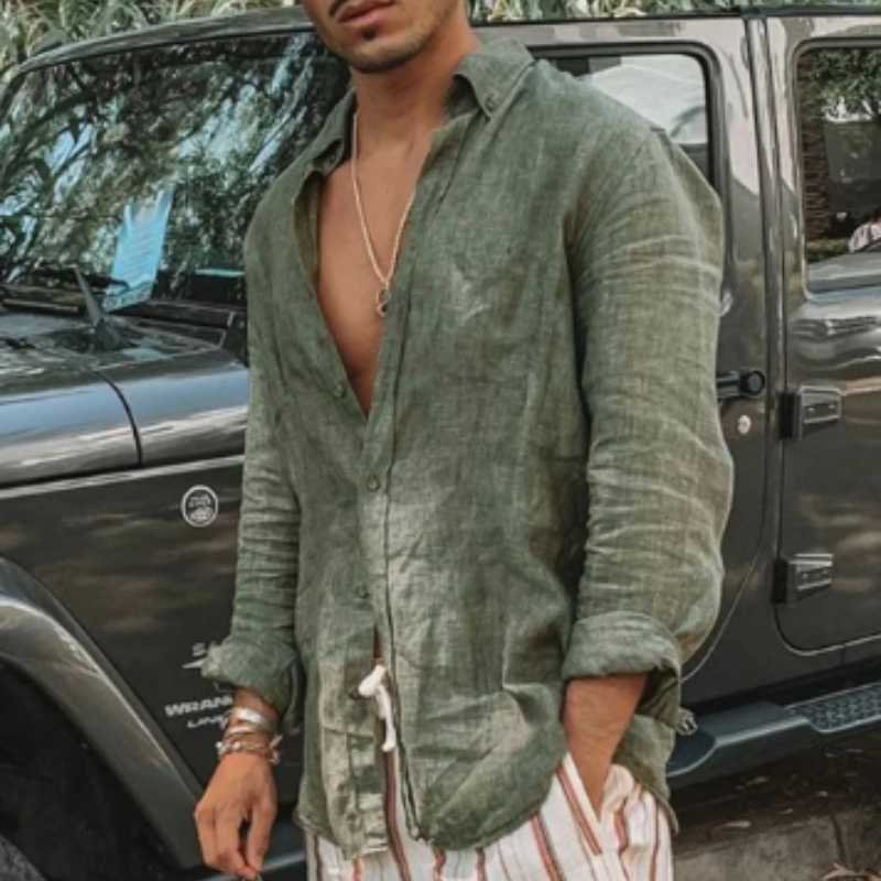 Chemise en lin à col montant pour hommes - Manches longues, coupe décontractée pour un confort décontracté élégant et respirant