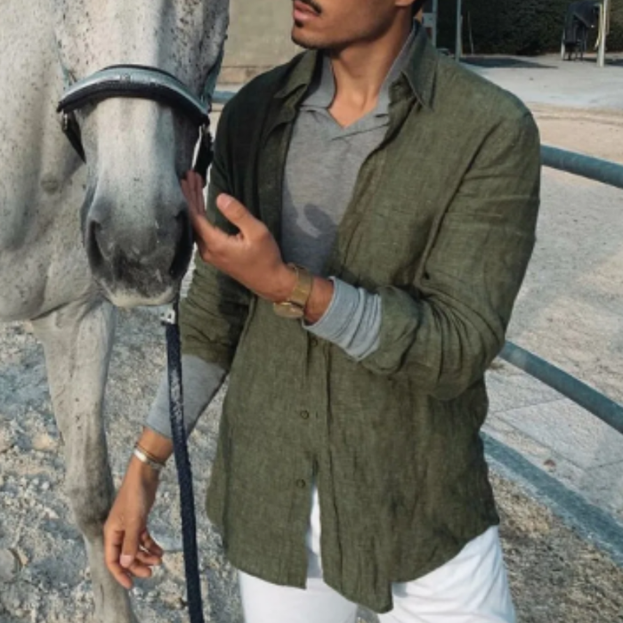 Chemise en lin à col montant pour hommes - Manches longues, coupe décontractée pour un confort décontracté élégant et respirant