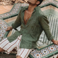 Chemise en lin à col montant pour hommes - Manches longues, coupe décontractée pour un confort décontracté élégant et respirant