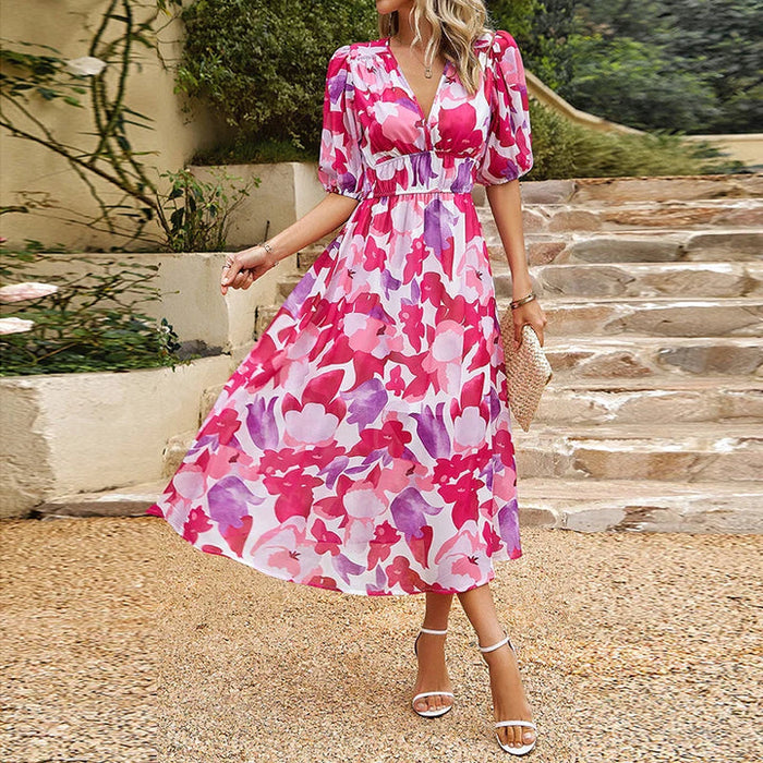 Élégante robe midi à manches bouffantes et décolleté en V - Olivia, un style parfait pour toutes les occasions