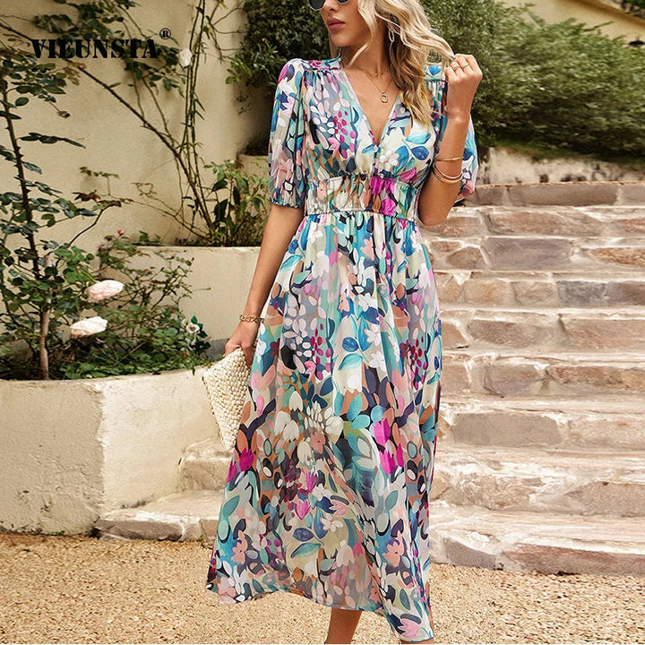 Élégante robe midi à manches bouffantes et décolleté en V - Olivia, un style parfait pour toutes les occasions
