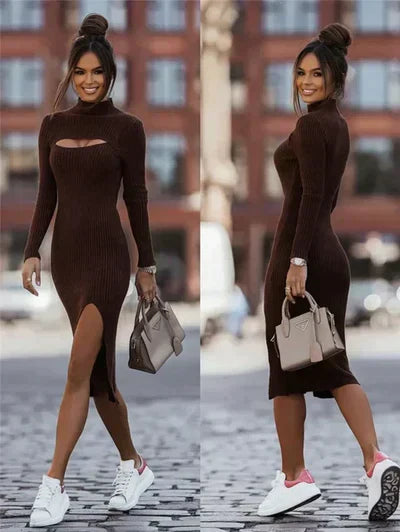 Vestido Bodycon Midi para Mujeres con Cuello Alto, Abertura en el Detrás y Manga larga con Sortija en el Costado