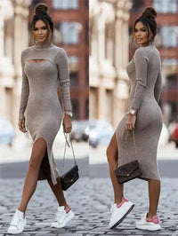 Vestido Bodycon Midi para Mujeres con Cuello Alto, Abertura en el Detrás y Manga larga con Sortija en el Costado