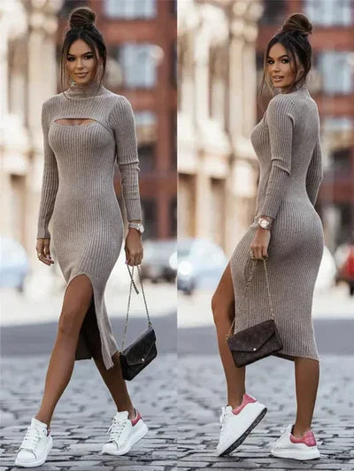 Vestido Bodycon Midi para Mujeres con Cuello Alto, Abertura en el Detrás y Manga larga con Sortija en el Costado