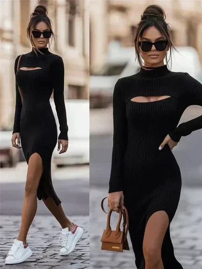 Vestido Bodycon Midi para Mujeres con Cuello Alto, Abertura en el Detrás y Manga larga con Sortija en el Costado