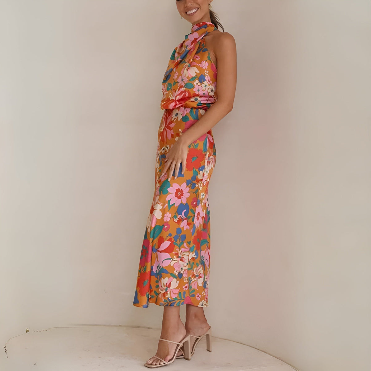 Robe Longue Femme à Halter et Mixte Asymétrique - Élégant Imprimé Fleuri
