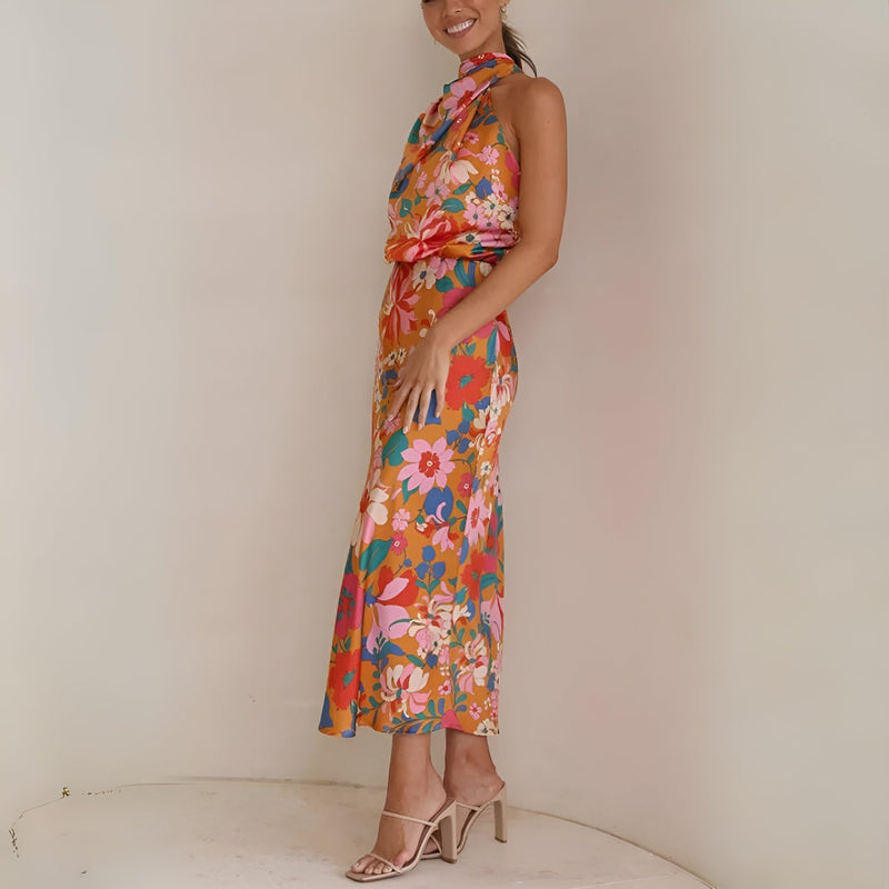 Robe Longue Femme à Halter et Mixte Asymétrique - Élégant Imprimé Fleuri