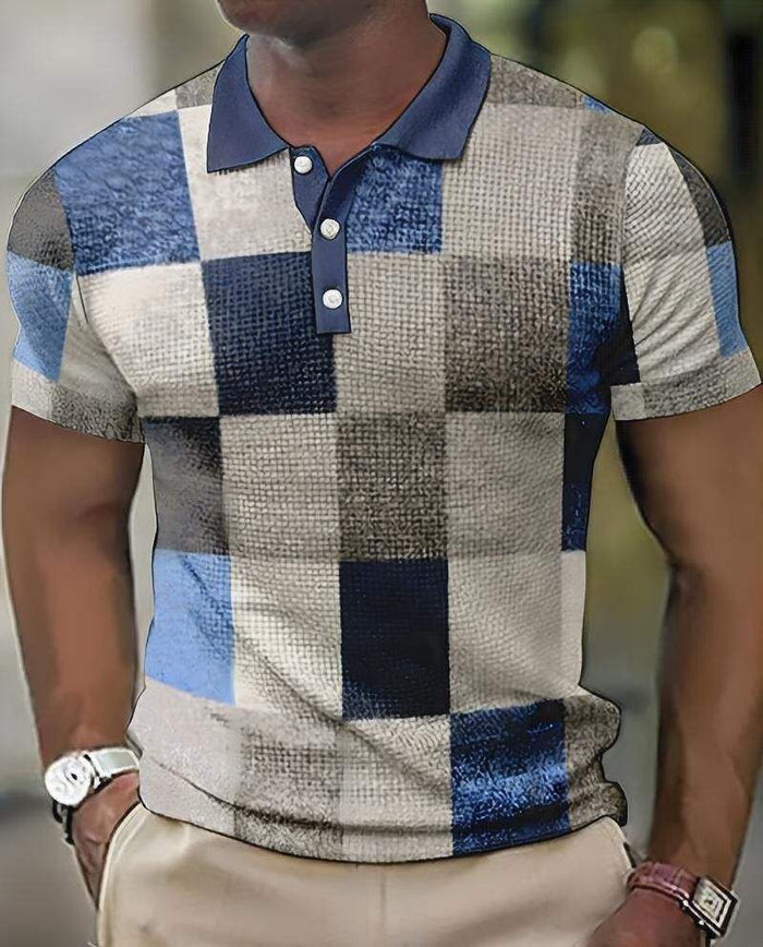 Poloshirt pour hommes avec patchwork géométrique - Kurze Ärmel & Klassischer Kragen
