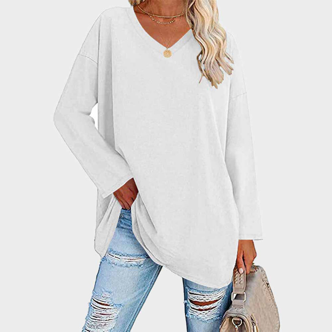 Chemisier tunique à manches longues et col en V, confortable et décontracté, pour femmes - parfait pour un look quotidien décontracté dans un tissu doux