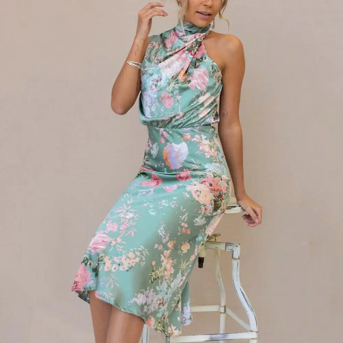 Robe Midi élégante sans manches à col halter pour femmes avec imprimé floral sophistiqué