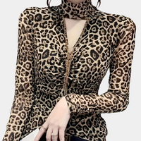 Chemisier à imprimé animalier tendance pour femmes - Elegant Brown Long-Sleeve Top