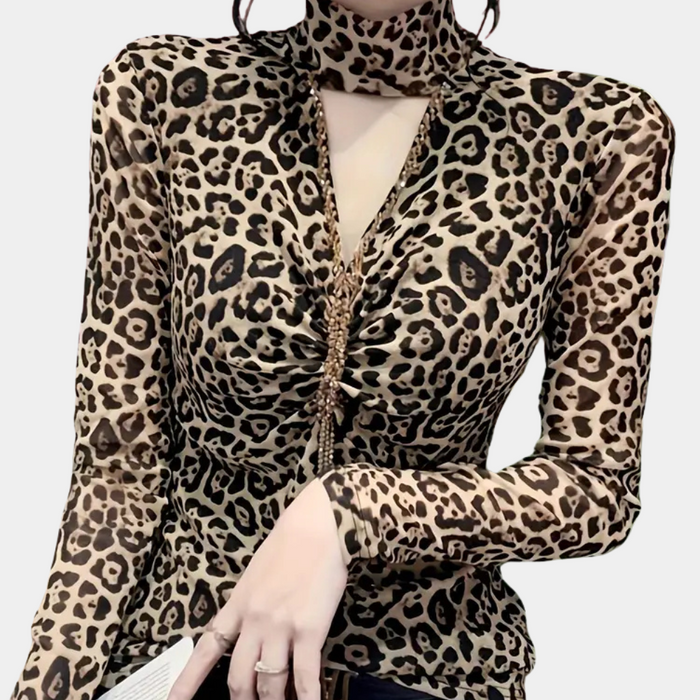 Chemisier à imprimé animalier tendance pour femmes - Elegant Brown Long-Sleeve Top