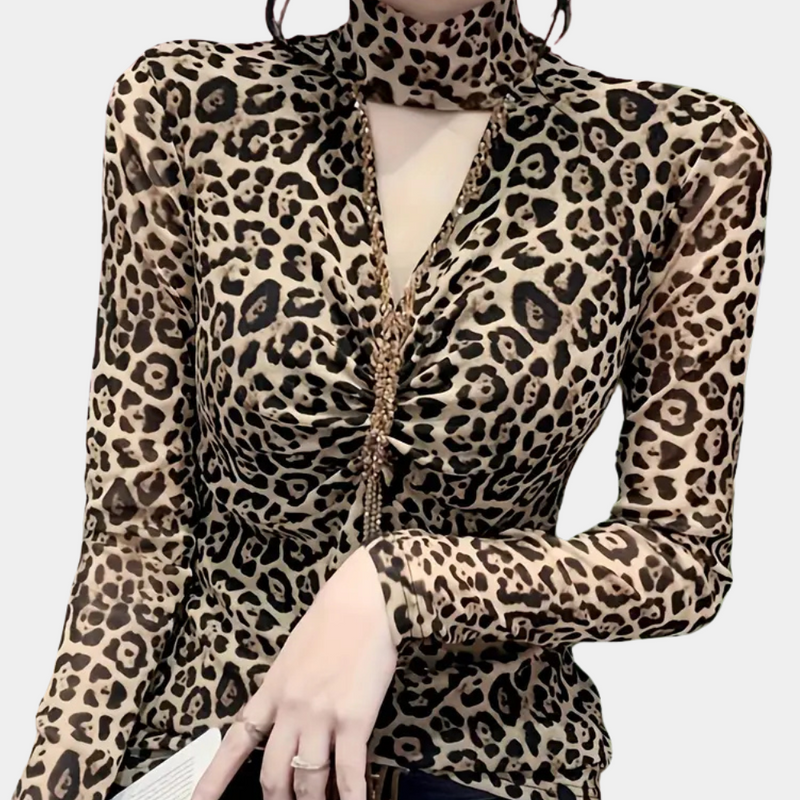 Chemisier à imprimé animalier tendance pour femmes - Elegant Brown Long-Sleeve Top