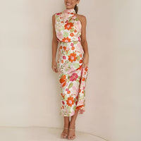 Robe Longue Femme à Halter et Mixte Asymétrique - Élégant Imprimé Fleuri