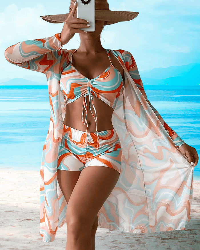 Ensemble de plage 3 pièces pour femmes - Cardigan en mesh long - Haut de bikini froissé - Short taille haute