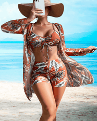 Ensemble de plage 3 pièces pour femmes - Cardigan en mesh long - Haut de bikini froissé - Short taille haute