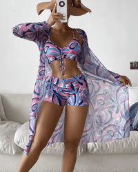 Ensemble de plage 3 pièces pour femmes - Cardigan en mesh long - Haut de bikini froissé - Short taille haute