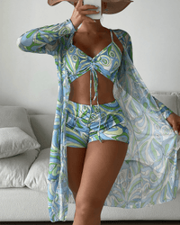 Ensemble de plage 3 pièces pour femmes - Cardigan en mesh long - Haut de bikini froissé - Short taille haute