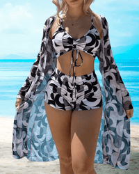 Ensemble de plage 3 pièces pour femmes - Cardigan en mesh long - Haut de bikini froissé - Short taille haute