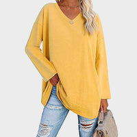 Chemisier tunique à manches longues et col en V, confortable et décontracté, pour femmes - parfait pour un look quotidien décontracté dans un tissu doux