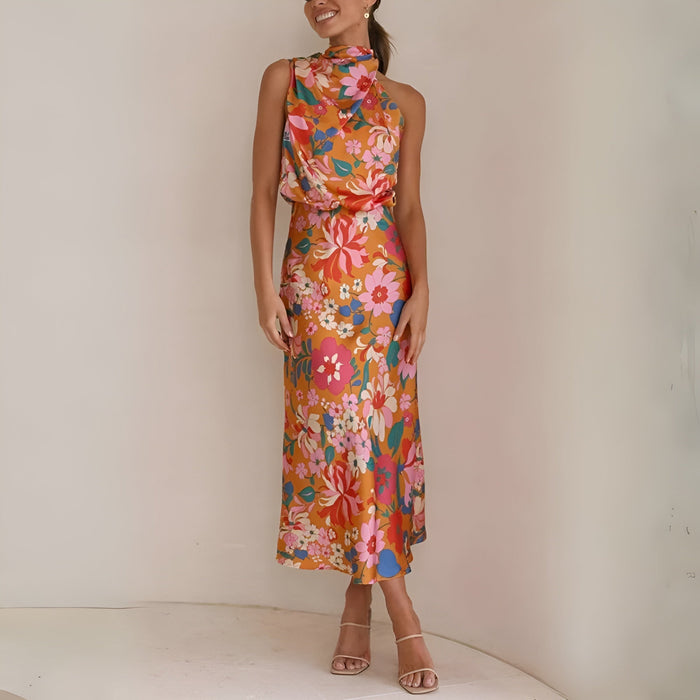 Robe Longue Femme à Halter et Mixte Asymétrique - Élégant Imprimé Fleuri