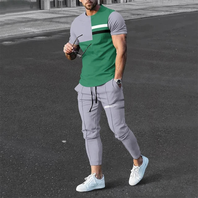 Ensemble deux pièces pour hommes : t-shirt à manches longues et pantalon avec bloc de couleurs pour un style moderne