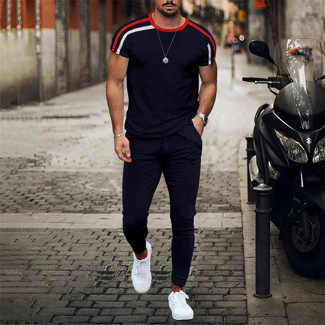 Ensemble deux pièces pour hommes : t-shirt à manches longues et pantalon avec bloc de couleurs pour un style moderne