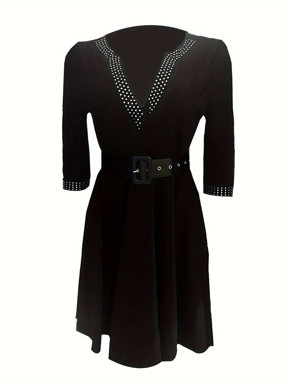 Robe femme évasée avec décolleté en V orné, manches 3/4 et longueur mi-longue avec ceinture pour un look élégant