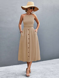 Robe midi sans manches à col halter pour femmes - Devant boutonné fluide à coupe A-line élégante