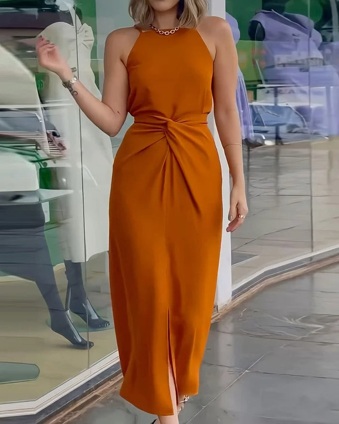 Robe élégante pour femmes avec décolleté halter - longueur midi - taille plissée - tenue de soirée sophistiquée