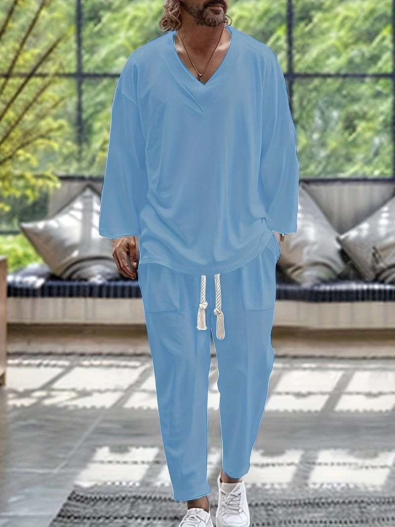 Vêtements de détente pour hommes - Ensemble T-shirt à manches longues en V et pantalon ample avec poches