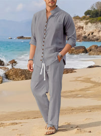 Ensemble de Plage pour Hommes - Chemise à Manches Longues à Boutons & Pantalons à Cordons - Coupe Décontractée