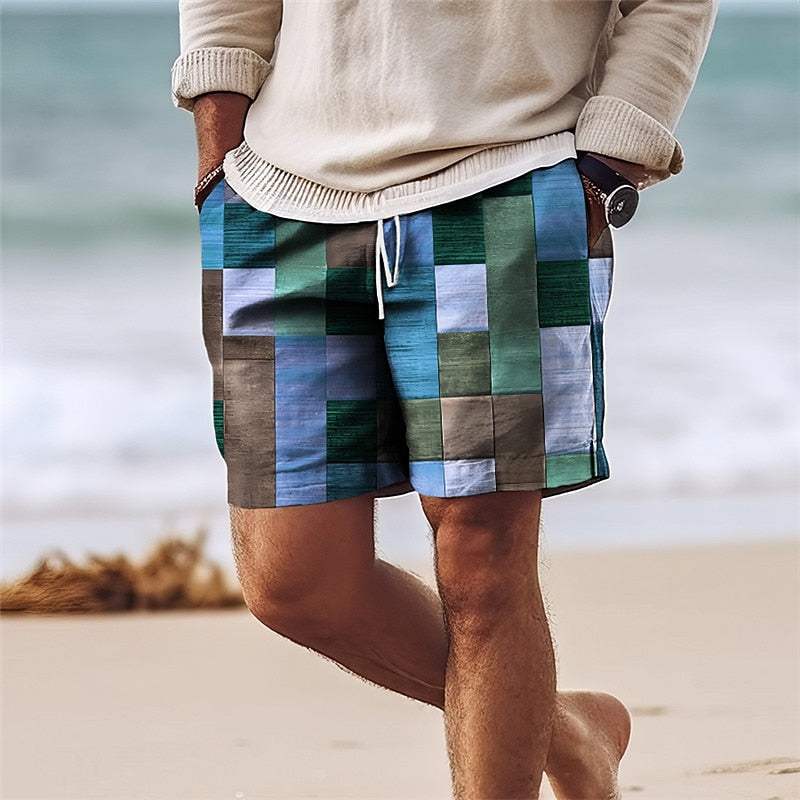 Bermudas masculins de parches - Longitud de rodilla - Cintura elástica con cordón - Ligero y transpirable