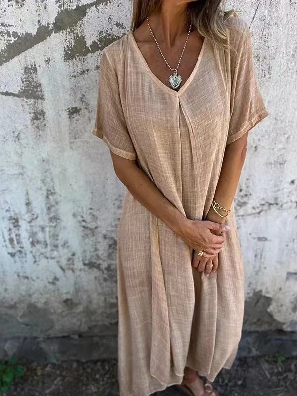 Élégante robe midi en lin à col en V et manches courtes - Respirante, légère et confortable