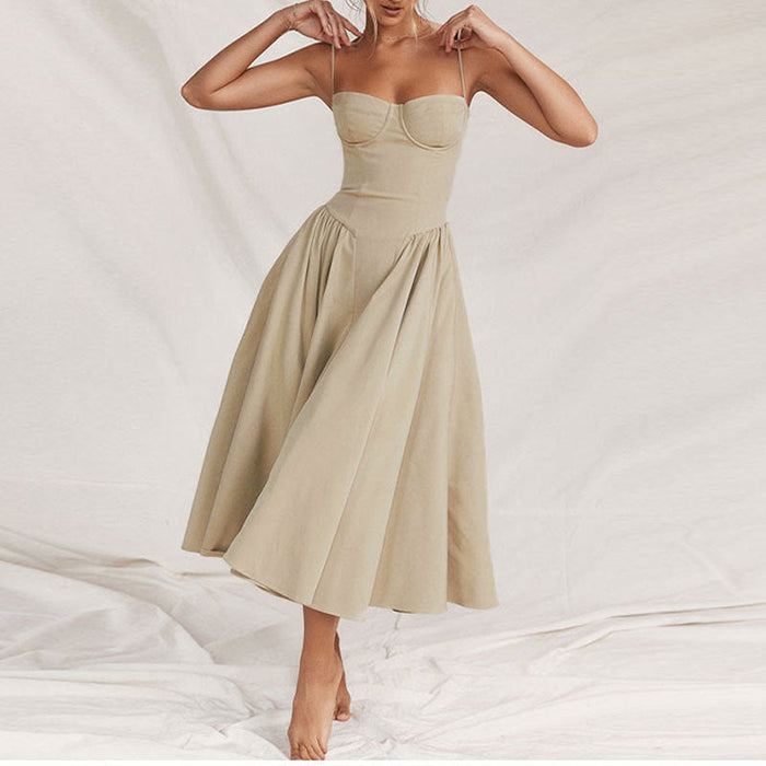 Robe Midi Élégante avec Décolleté en Cœur, Jupe Évasée et Bretelles Fines pour Femmes