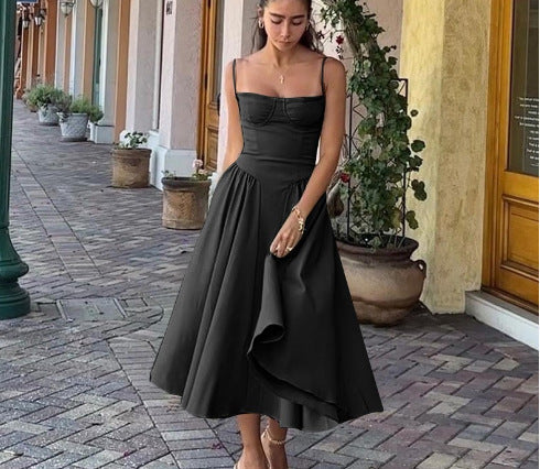 Robe Midi Élégante avec Décolleté en Cœur, Jupe Évasée et Bretelles Fines pour Femmes