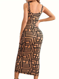 Élégante robe midi bodycon pour femmes, avec encolure carrée, sans manches et motif géométrique stylisé