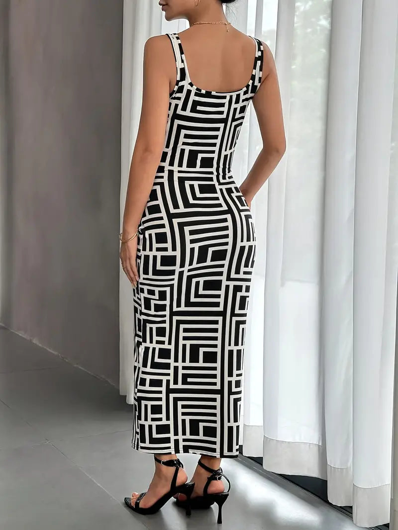 Élégante robe midi bodycon pour femmes, avec encolure carrée, sans manches et motif géométrique stylisé