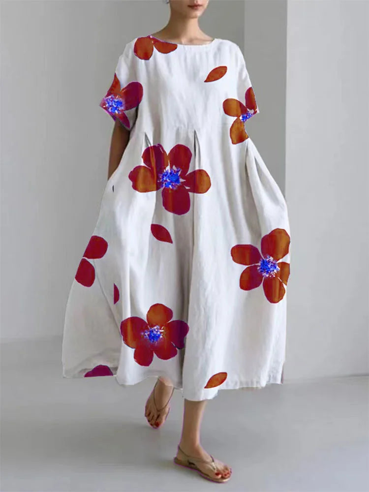 Robe Décontractée Féminine à Fleurs, Coupe Ample et Col Rond - Idéale pour le Printemps et l'Été