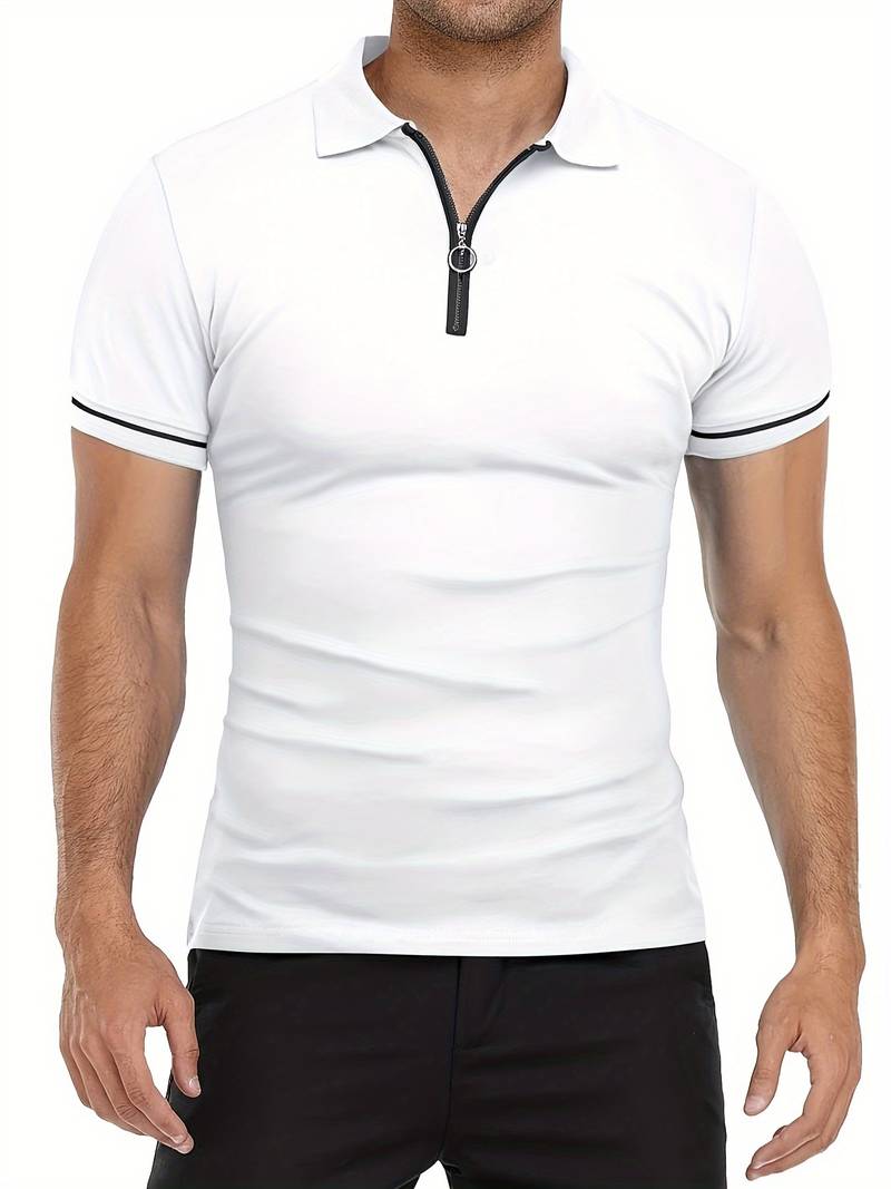 Polo slim à manches courtes pour hommes avec fermeture à glissière contrastée à la mode