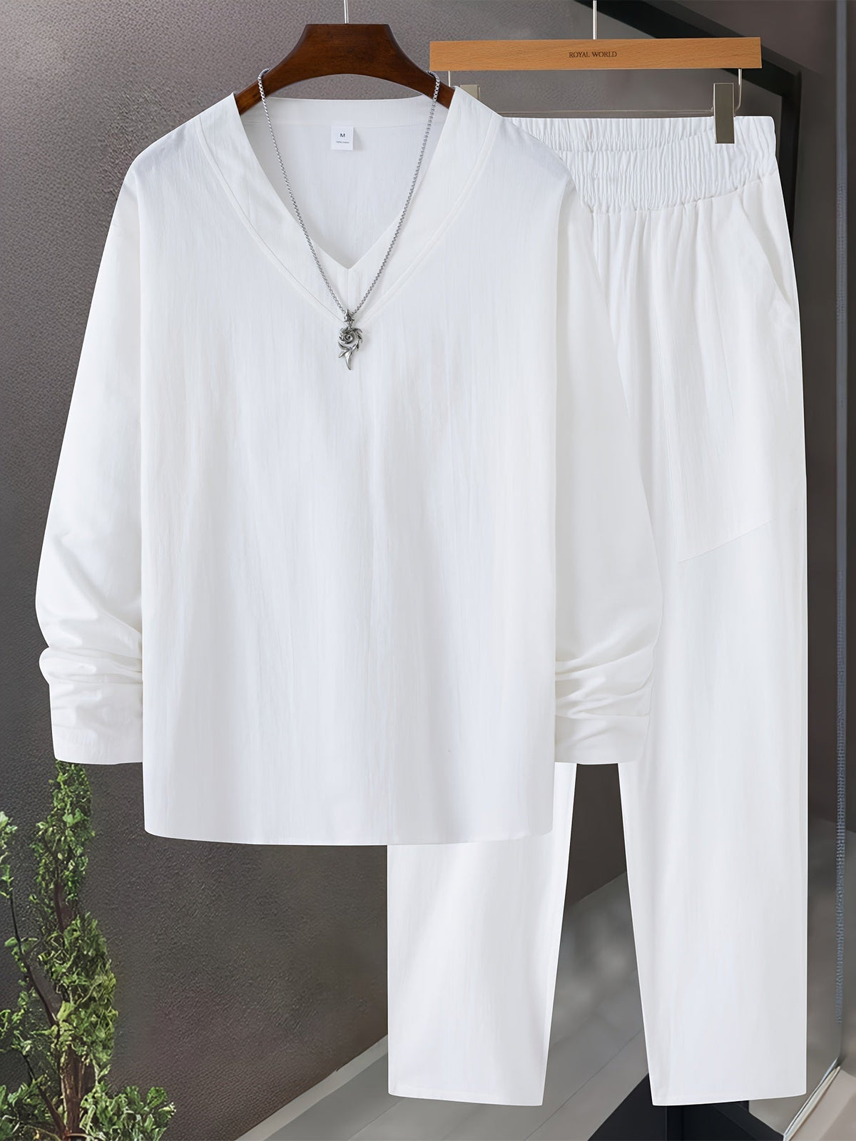Vêtements de détente pour hommes - Ensemble T-shirt à manches longues en V et pantalon ample avec poches