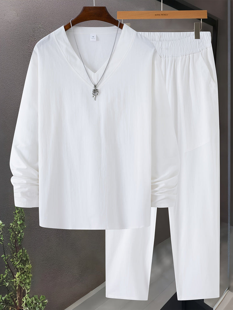 Vêtements de détente pour hommes - Ensemble T-shirt à manches longues en V et pantalon ample avec poches
