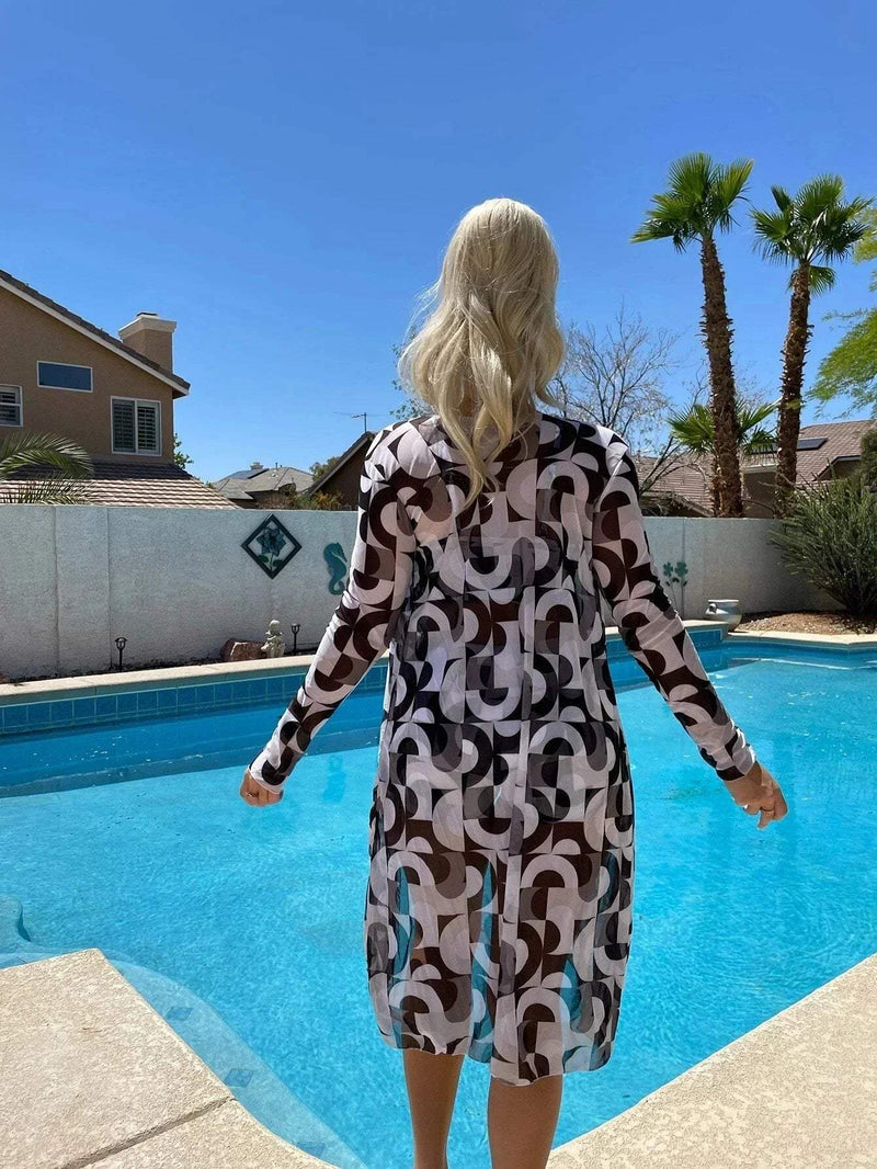 Ensemble de plage 3 pièces pour femmes - Cardigan en mesh long - Haut de bikini froissé - Short taille haute