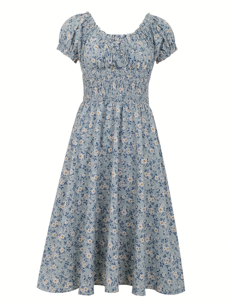 Robe midi d'été florale à manches bouffantes pour femmes