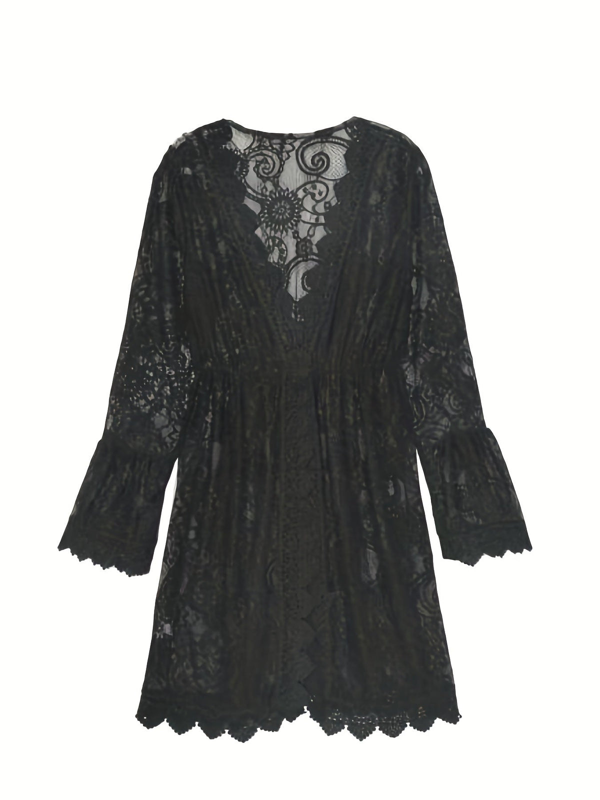 Elegant Women's Lace V-Neck Midi Dress - Perfect Summer Knit Beachwear with Flattering Slit Hem & Stylish Long Sleeves (Robe midi en dentelle à col en V pour femmes)