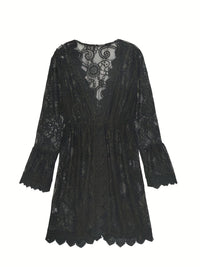 Elegant Women's Lace V-Neck Midi Dress - Perfect Summer Knit Beachwear with Flattering Slit Hem & Stylish Long Sleeves (Robe midi en dentelle à col en V pour femmes)