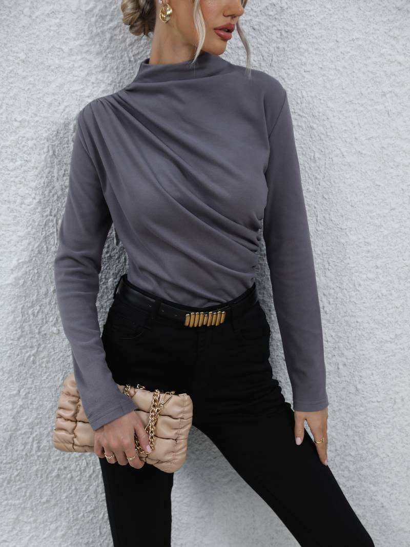 Top drapé gris élégant - blouse décontractée à manches longues pour femme pour un look élégant