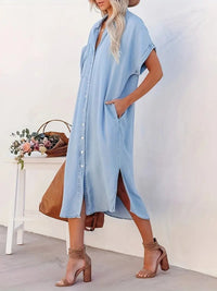 Robe midi à boutons pour femmes - Coupe décontractée - Manches courtes - Col classique - Poches latérales élégantes