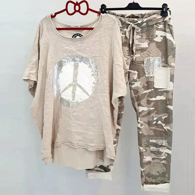 Ensemble décontracté pour dames - T-shirt camouflage tendance et pantalon confortable