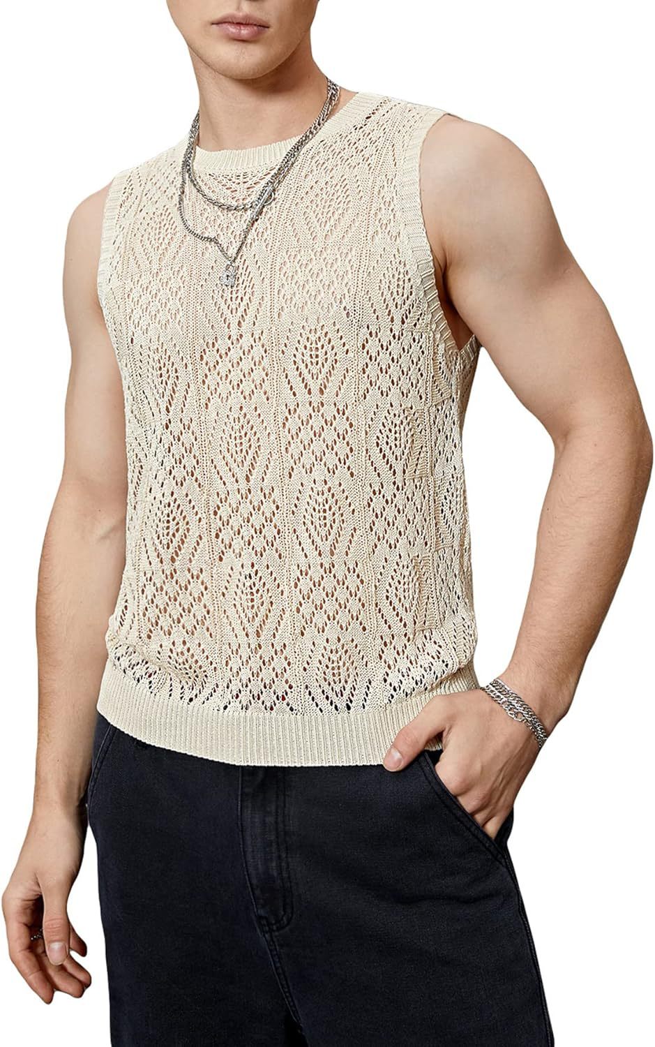 Débardeur pour hommes en crochet - Design géométrique sans manches - Léger et ultra respira